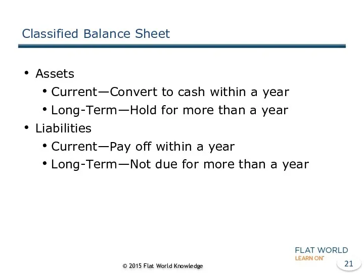 Classified Balance Sheet Assets Current—Convert to cash within a year Long-Term—Hold for more