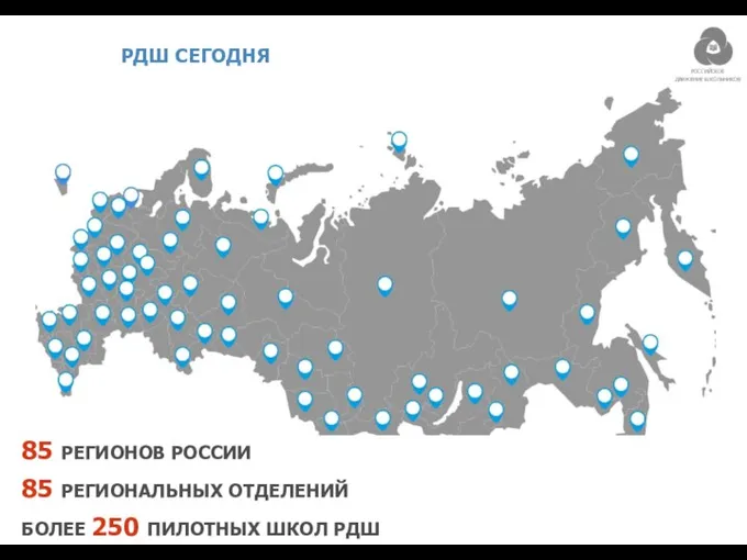 РДШ СЕГОДНЯ 85 РЕГИОНОВ РОССИИ 85 РЕГИОНАЛЬНЫХ ОТДЕЛЕНИЙ БОЛЕЕ 250 ПИЛОТНЫХ ШКОЛ РДШ РОССИЙСКОЕ ДВИЖЕНИЕ ШКОЛЬНИКОВ