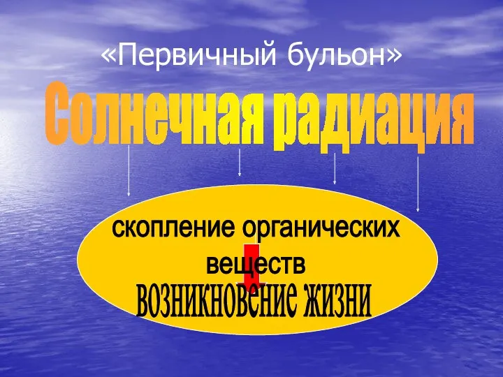 «Первичный бульон» Солнечная радиация скопление органических веществ возникновение жизни