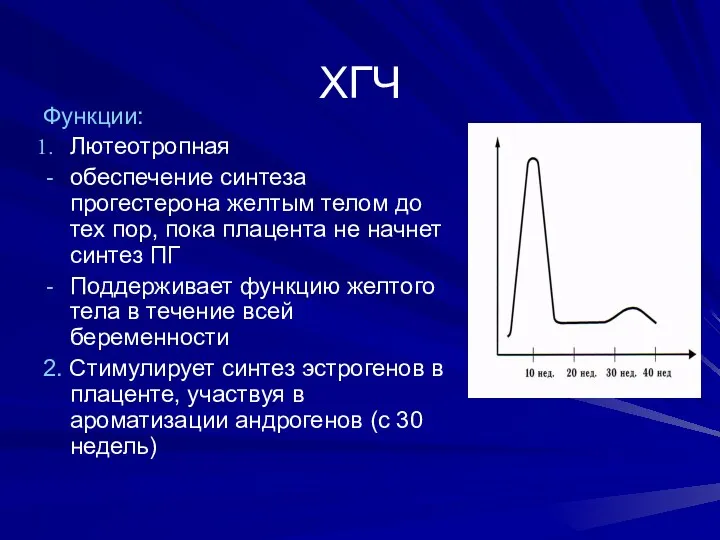 ХГЧ Функции: Лютеотропная обеспечение синтеза прогестерона желтым телом до тех пор, пока плацента