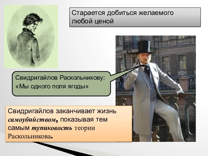 Свидригайлов Раскольникову: «Мы одного поля ягоды» Старается добиться желаемого любой