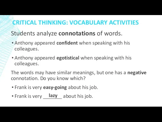 Students analyze connotations of words. Anthony appeared confident when speaking