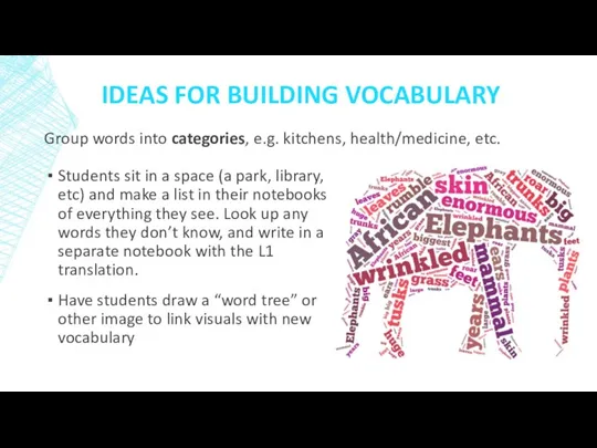 IDEAS FOR BUILDING VOCABULARY Students sit in a space (a