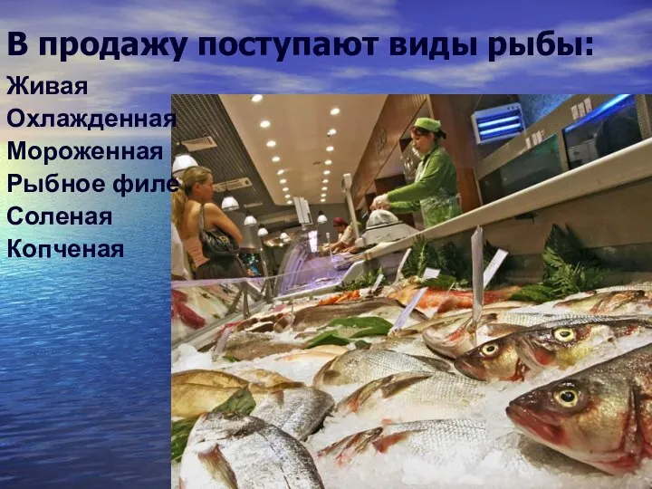 В продажу поступают виды рыбы: Живая Охлажденная Мороженная Рыбное филе Соленая Копченая