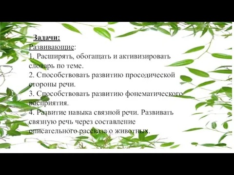 Задачи: Развивающие: 1. Расширять, обогащать и активизировать словарь по теме.