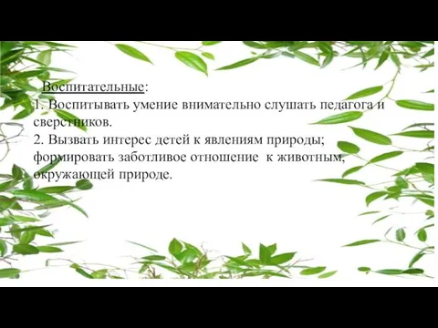 Воспитательные: 1. Воспитывать умение внимательно слушать педагога и сверстников. 2.