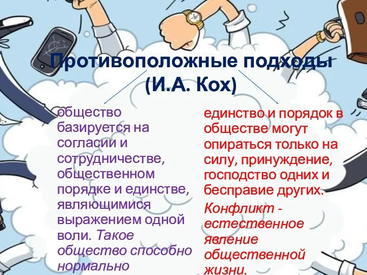 Противоположные подходы (И.А. Кох) общество базируется на согласии и сотрудничестве,