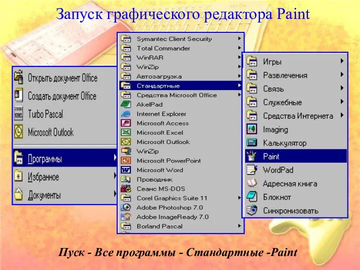 Запуск графического редактора Paint Пуск - Все программы - Стандартные -Paint