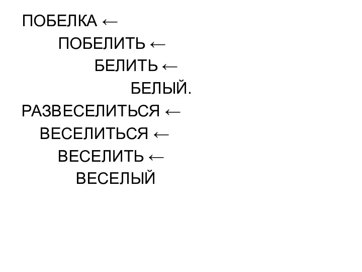 ПОБЕЛКА ← ПОБЕЛИТЬ ← БЕЛИТЬ ← БЕЛЫЙ. РАЗВЕСЕЛИТЬСЯ ← ВЕСЕЛИТЬСЯ ← ВЕСЕЛИТЬ ← ВЕСЕЛЫЙ