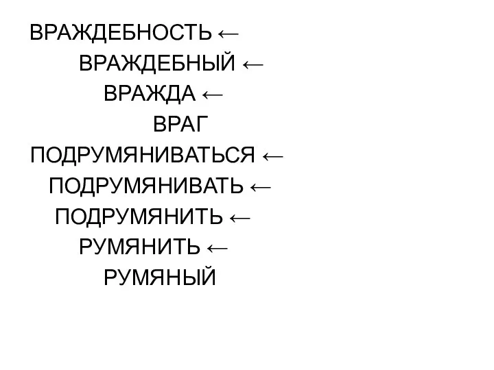 ВРАЖДЕБНОСТЬ ← ВРАЖДЕБНЫЙ ← ВРАЖДА ← ВРАГ ПОДРУМЯНИВАТЬСЯ ← ПОДРУМЯНИВАТЬ ← ПОДРУМЯНИТЬ ← РУМЯНИТЬ ← РУМЯНЫЙ