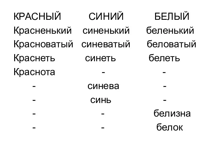 КРАСНЫЙ СИНИЙ БЕЛЫЙ Красненький синенький беленький Красноватый синеватый беловатый Краснеть