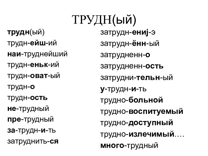 ТРУДН(ый) трудн(ый) трудн-ейш-ий наи-труднейший трудн-еньк-ий трудн-оват-ый трудн-о трудн-ость не-трудный пре-трудный