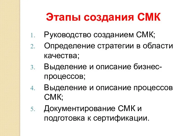 Этапы создания СМК Руководство созданием СМК; Определение стратегии в области качества; Выделение и