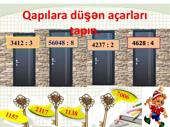 0 Qapılara düşən açarları tapın. 56048 : 8 7006 3412 : 3 1138