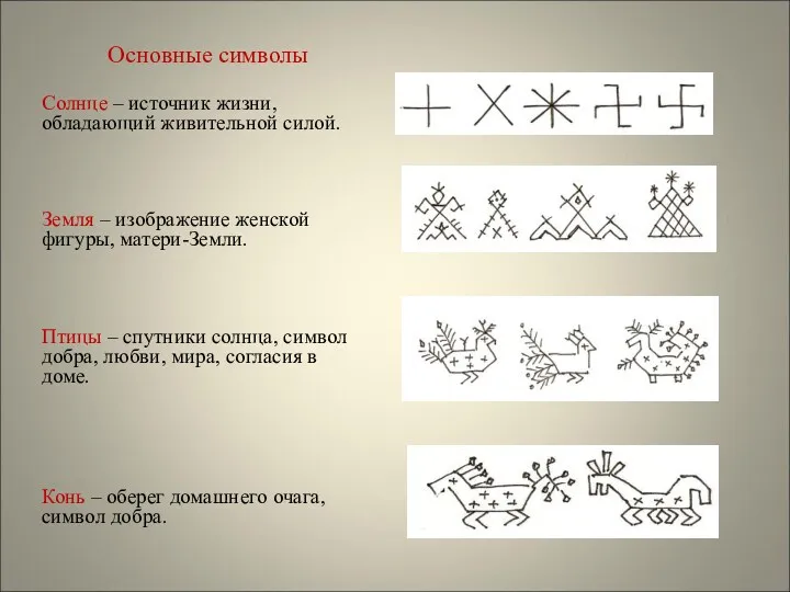 Основные символы Солнце – источник жизни, обладающий живительной силой. Земля