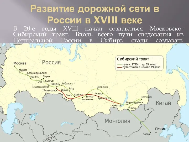 В 20-е годы XVIII начал создаваться Московско-Сибирский тракт. Вдоль всего пути следования из