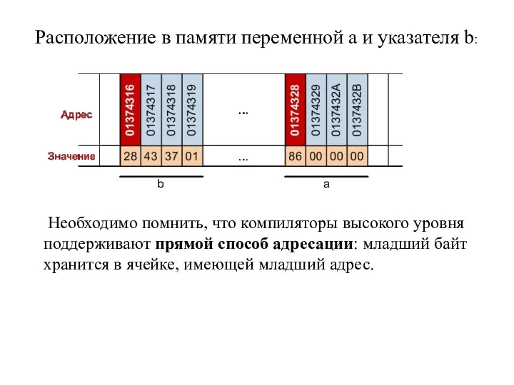 Расположение в памяти переменной a и указателя b: Необходимо помнить,