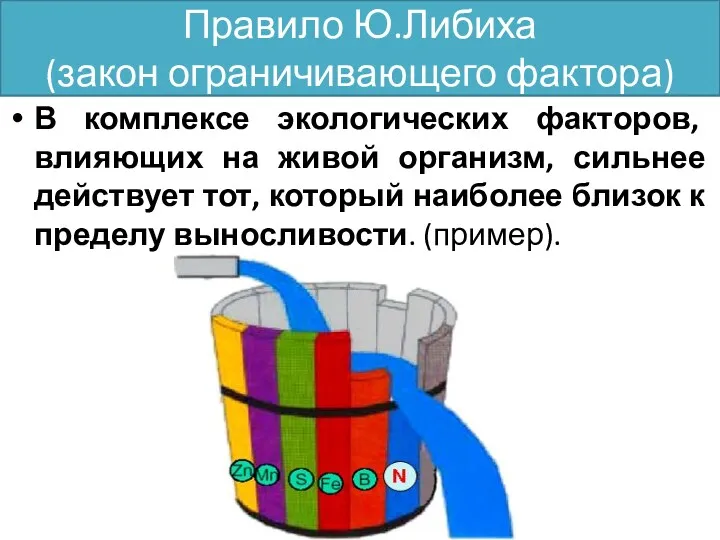 Правило Ю.Либиха (закон ограничивающего фактора) В комплексе экологических факторов, влияющих