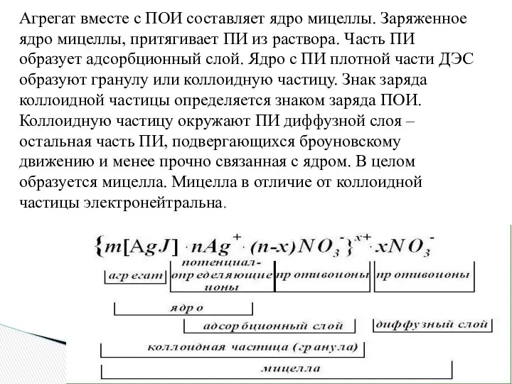 Агрегат вместе с ПОИ составляет ядро мицеллы. Заряженное ядро мицеллы,