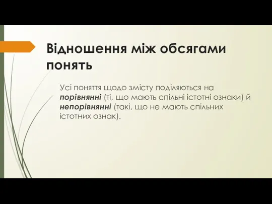 Відношення між обсягами понять Усі поняття щодо змісту поділяються на