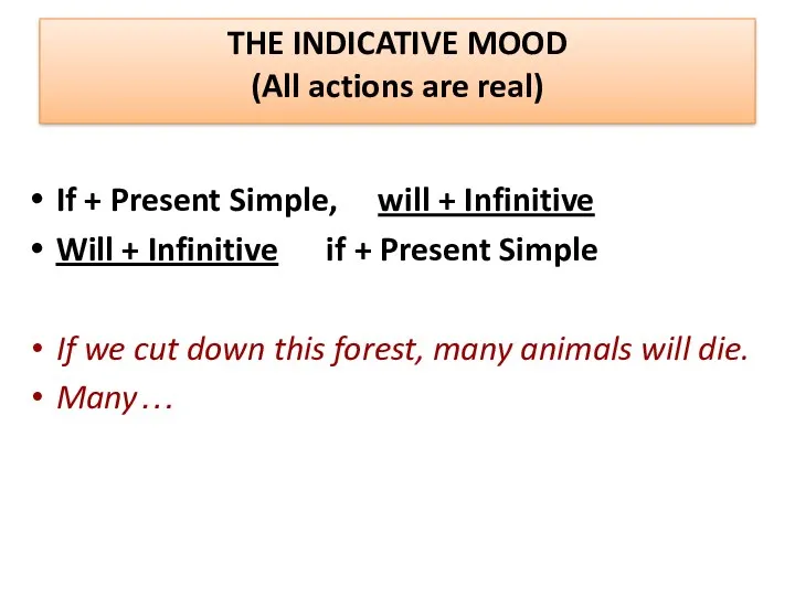 THE INDICATIVE MOOD (All actions are real) If + Present Simple, will +