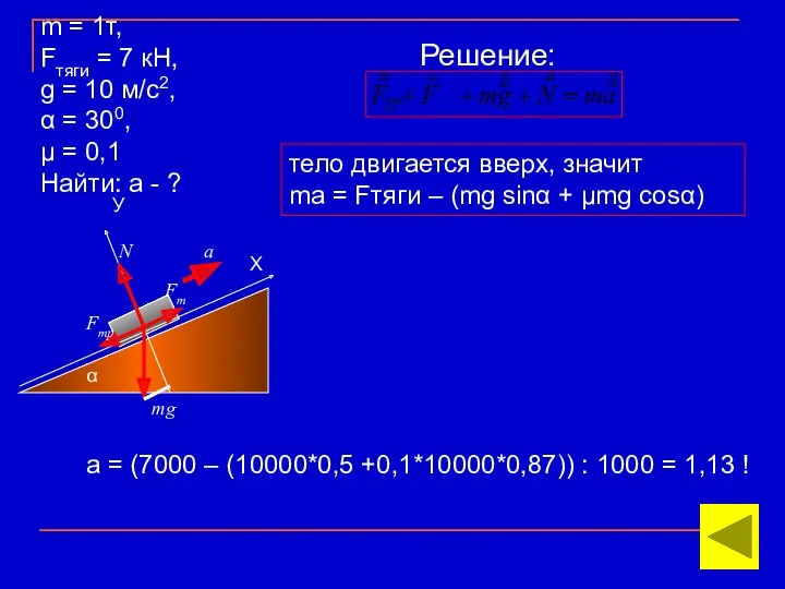 α Х У mg N Fт Fтр a тело двигается