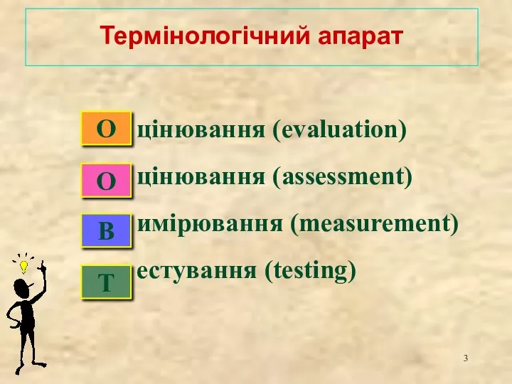 Термінологічний апарат цінювання (evaluation) цінювання (assessment) имірювання (measurement) естування (testing) О О В Т