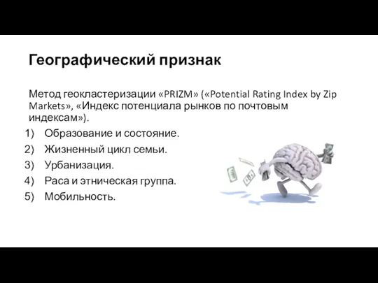 Географический признак Метод геокластеризации «PRIZM» («Potential Rating Index by Zip