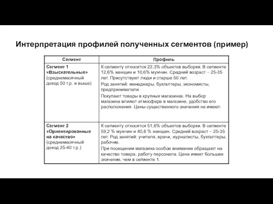 Интерпретация профилей полученных сегментов (пример)