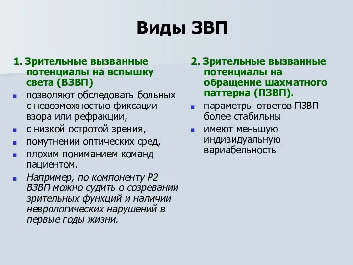 Виды ЗВП 1. Зрительные вызванные потенциалы на вспышку света (ВЗВП)