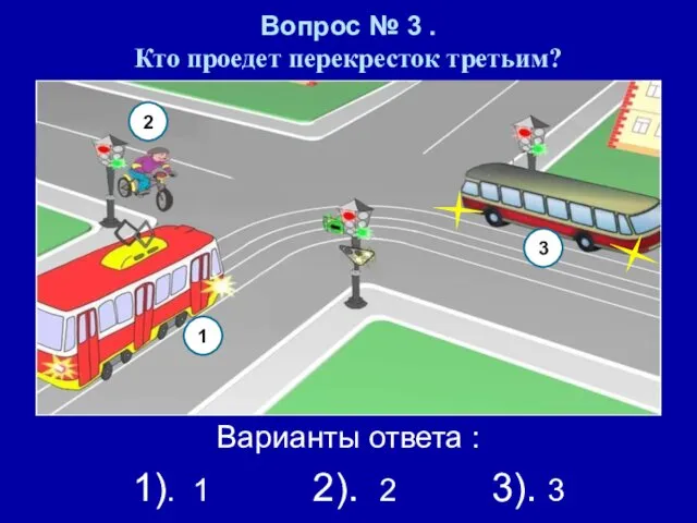 Вопрос № 3 . Кто проедет перекресток третьим? Варианты ответа