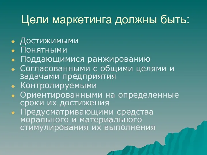 Цели маркетинга должны быть: Достижимыми Понятными Поддающимися ранжированию Согласованными с