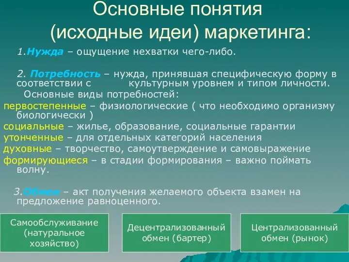 Основные понятия (исходные идеи) маркетинга: 1.Нужда – ощущение нехватки чего-либо.