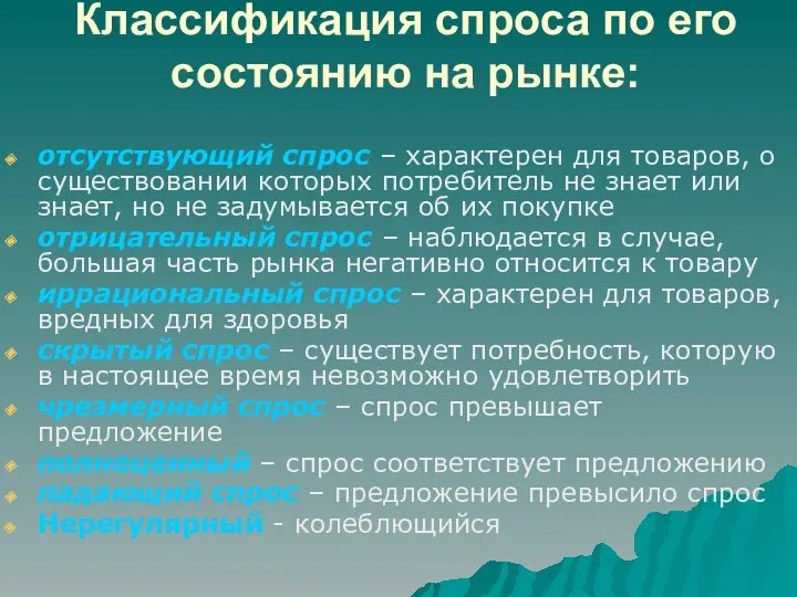 Классификация спроса по его состоянию на рынке: отсутствующий спрос –