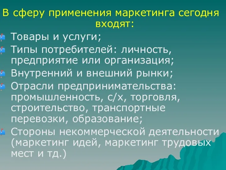 В сферу применения маркетинга сегодня входят: Товары и услуги; Типы