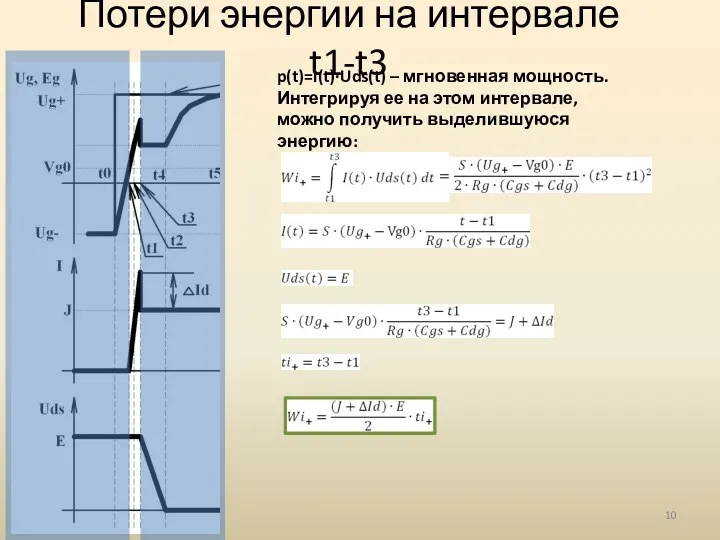 Потери энергии на интервале t1-t3 p(t)=I(t)·Uds(t) – мгновенная мощность. Интегрируя