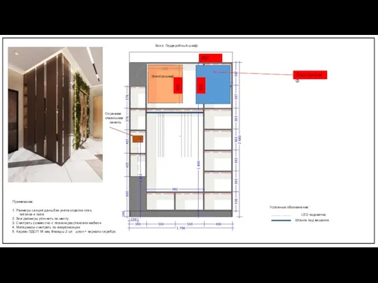 Холл. Гардеробный шкаф. Условные обозначения: LED подсветка Штанга под вешалки Примечания: 1. Размеры