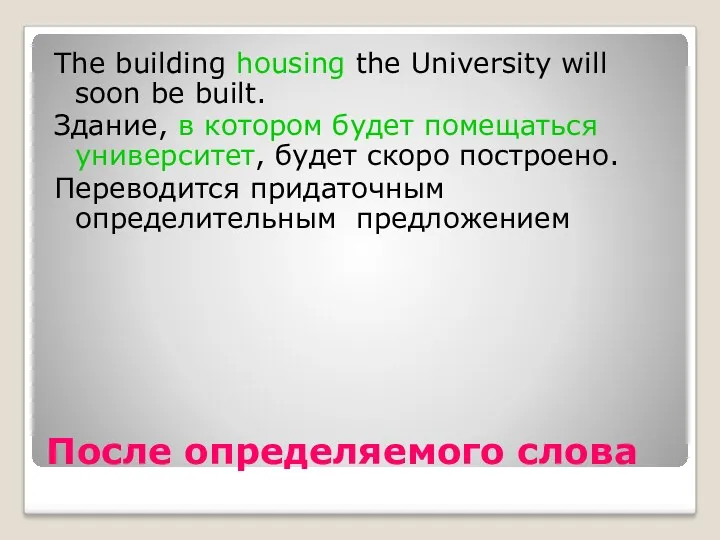 После определяемого слова The building housing the University will soon