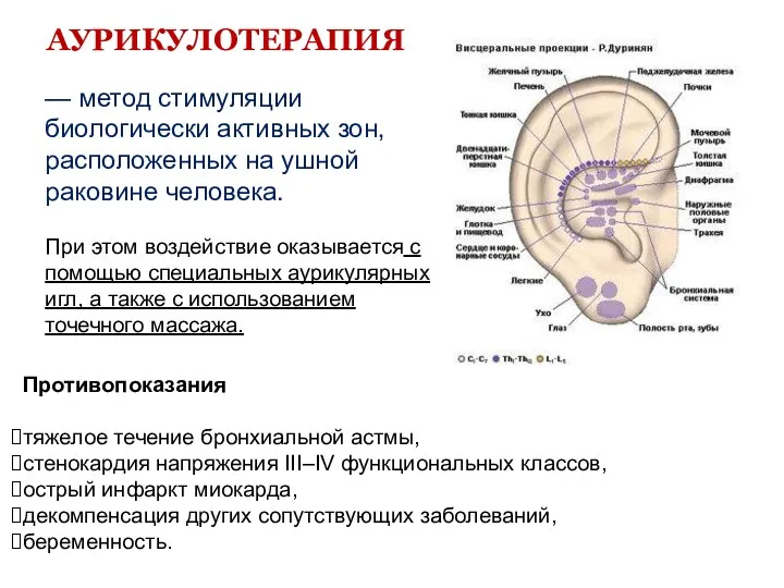 АУРИКУЛОТЕРАПИЯ Противопоказания тяжелое течение бронхиальной астмы, стенокардия напряжения III–IV функциональных классов, острый инфаркт