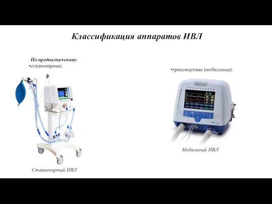 Классификация аппаратов ИВЛ По предназначению: стационарные; транспортные (мобильные). Стационарный ИВЛ Мобильный ИВЛ