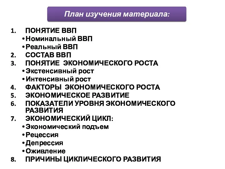 ПОНЯТИЕ ВВП Номинальный ВВП Реальный ВВП СОСТАВ ВВП ПОНЯТИЕ ЭКОНОМИЧЕСКОГО