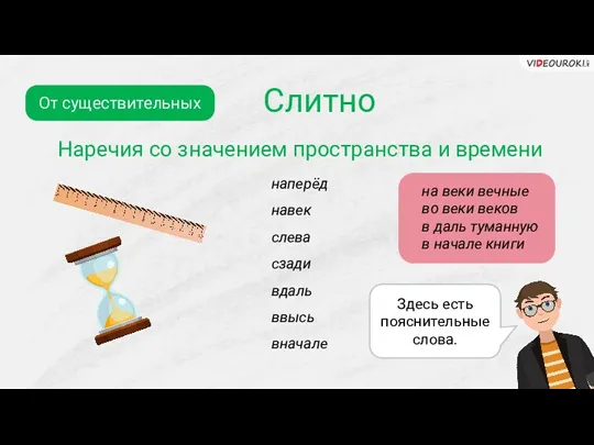 Слитно От существительных Наречия со значением пространства и времени наперёд