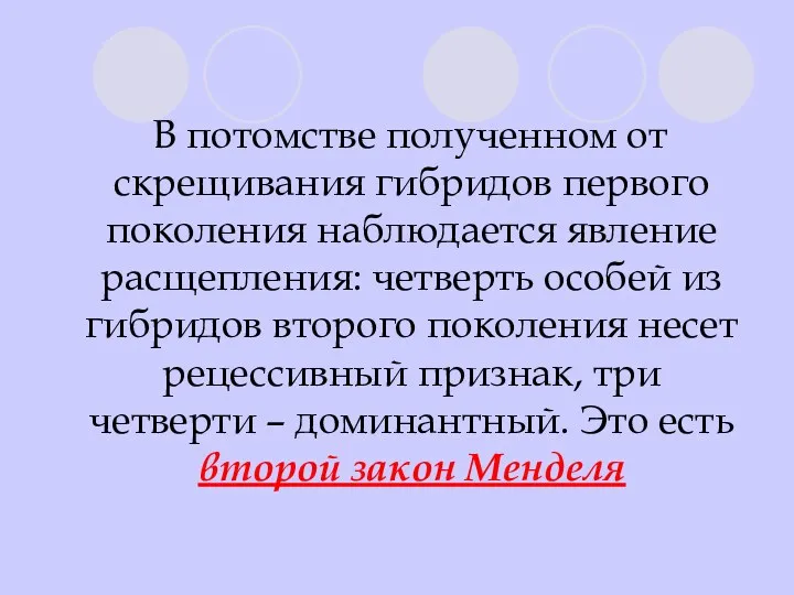 В потомстве полученном от скрещивания гибридов первого поколения наблюдается явление расщепления: четверть особей