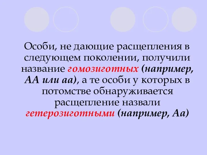 Особи, не дающие расщепления в следующем поколении, получили название гомозиготных