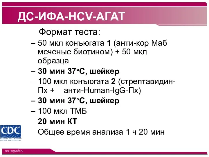 ДС-ИФА-HCV-АГАТ Формат теста: 50 мкл конъюгата 1 (анти-кор Маб меченые