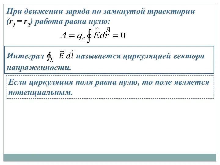 При движении заряда по замкнутой траектории (r1 = r2) работа