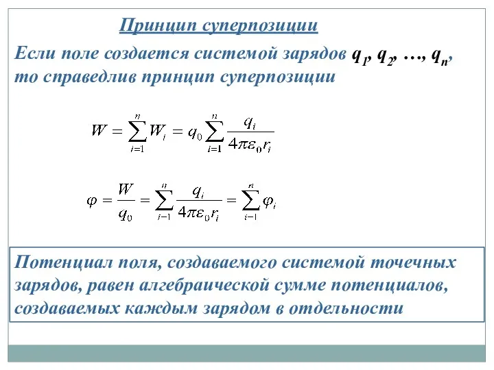 Принцип суперпозиции Если поле создается системой зарядов q1, q2, …,