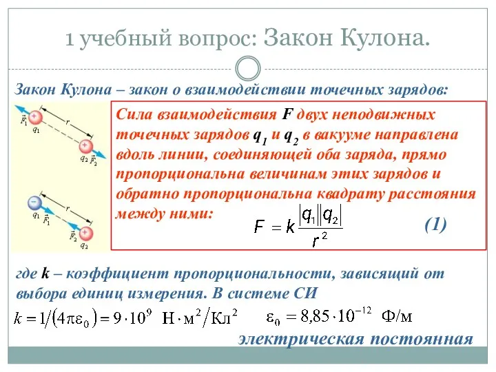 1 учебный вопрос: Закон Кулона. Закон Кулона – закон о