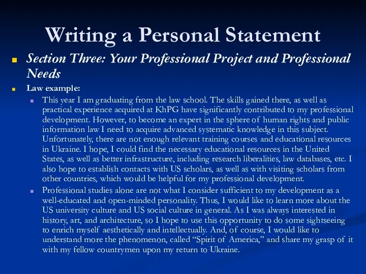 Writing a Personal Statement Section Three: Your Professional Project and