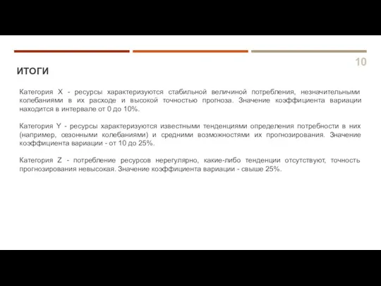 ИТОГИ 10 Категория X - ресурсы характеризуются стабильной величиной потребления, незначительными колебаниями в